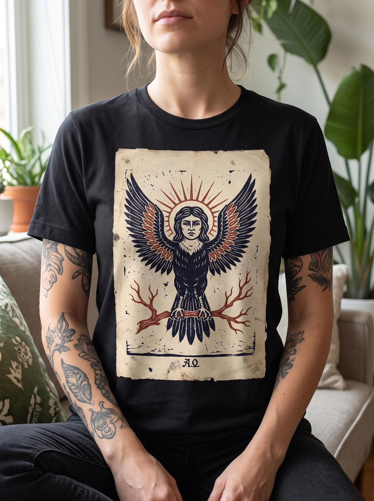 Harpy Shirt, Occult Linocut Tarot Tee, Greek Mythology Winged Woman Shirt, Gothic Woodcut Art Gift