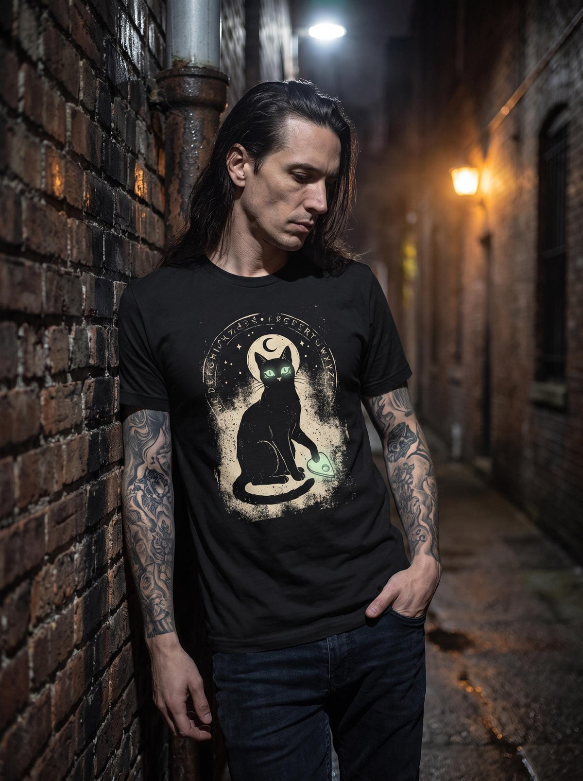 Black Cat Ouija Shirt, Witchy Spirit Board Tee, Occult Cat T-Shirt, Folk Magic Halloween Gift, Goth Witch Cat Shirt