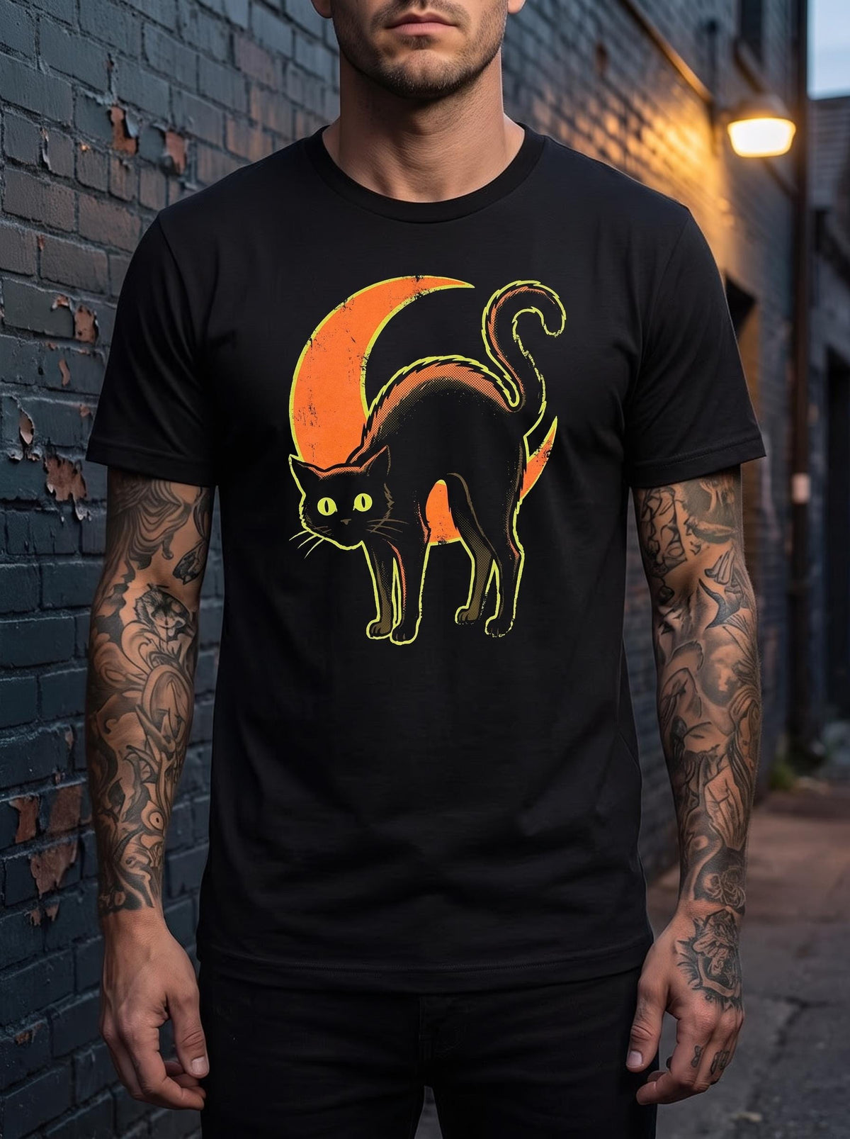 Black Cat Shirt, Vintage Halloween Tee, Spooky Cat T-Shirt, Retro Goth Cat Gift, Witchy Crescent Moon Shirt