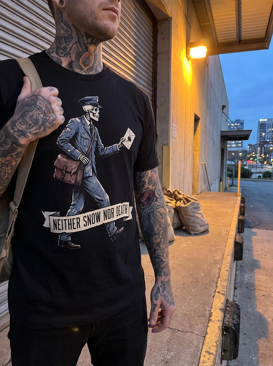 Skeleton Mailman Shirt, Postal Worker Gift Tee, Funny Mail Carrier T-Shirt, Gothic Dark Humor Shirt, Neither Snow Nor Death Tee
