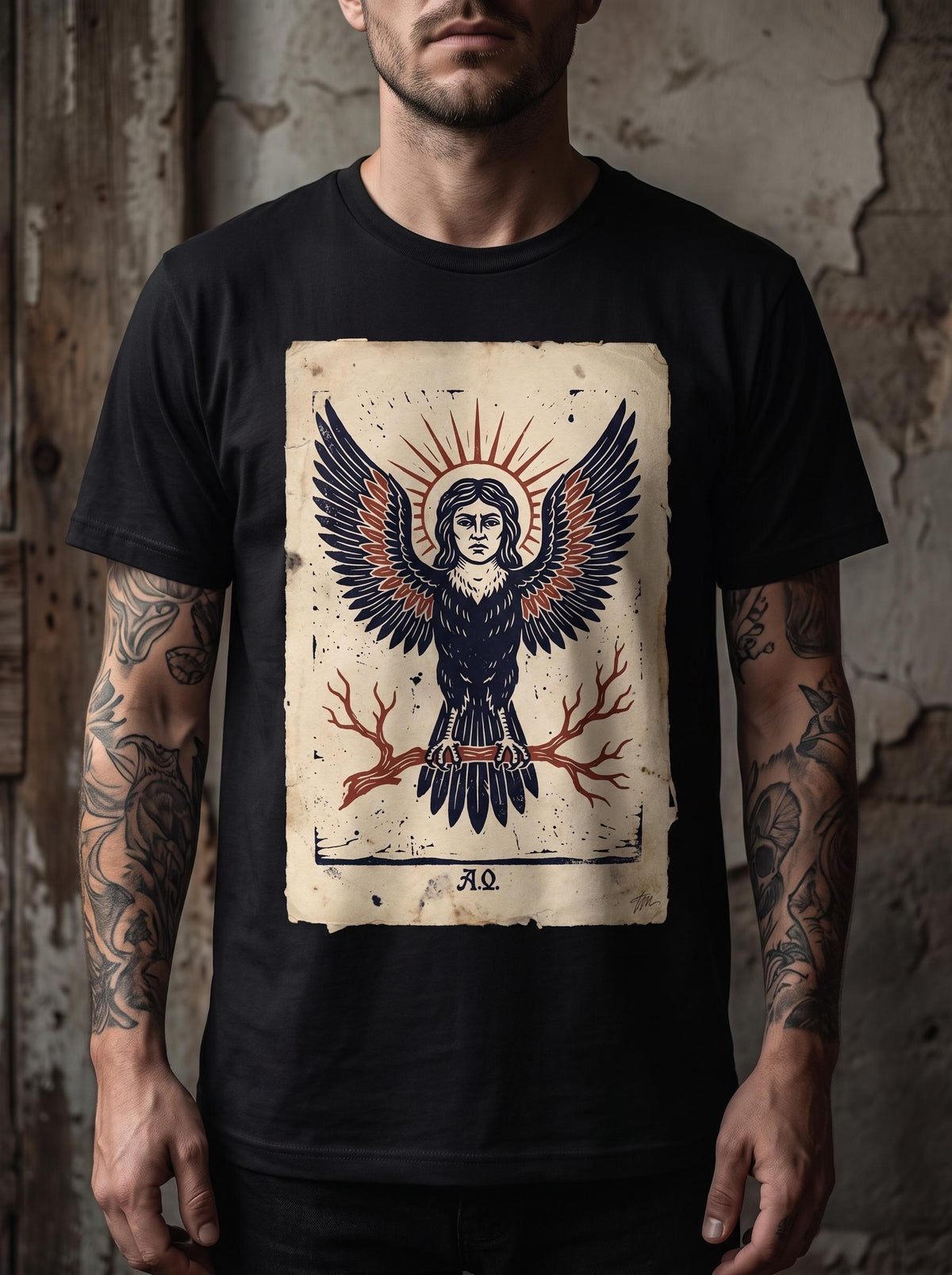 Harpy Shirt, Occult Linocut Tarot Tee, Greek Mythology Winged Woman Shirt, Gothic Woodcut Art Gift