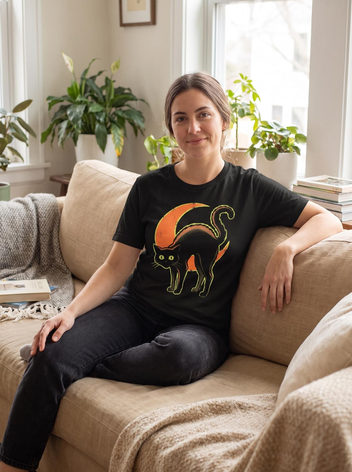 Black Cat Shirt, Vintage Halloween Tee, Spooky Cat T-Shirt, Retro Goth Cat Gift, Witchy Crescent Moon Shirt