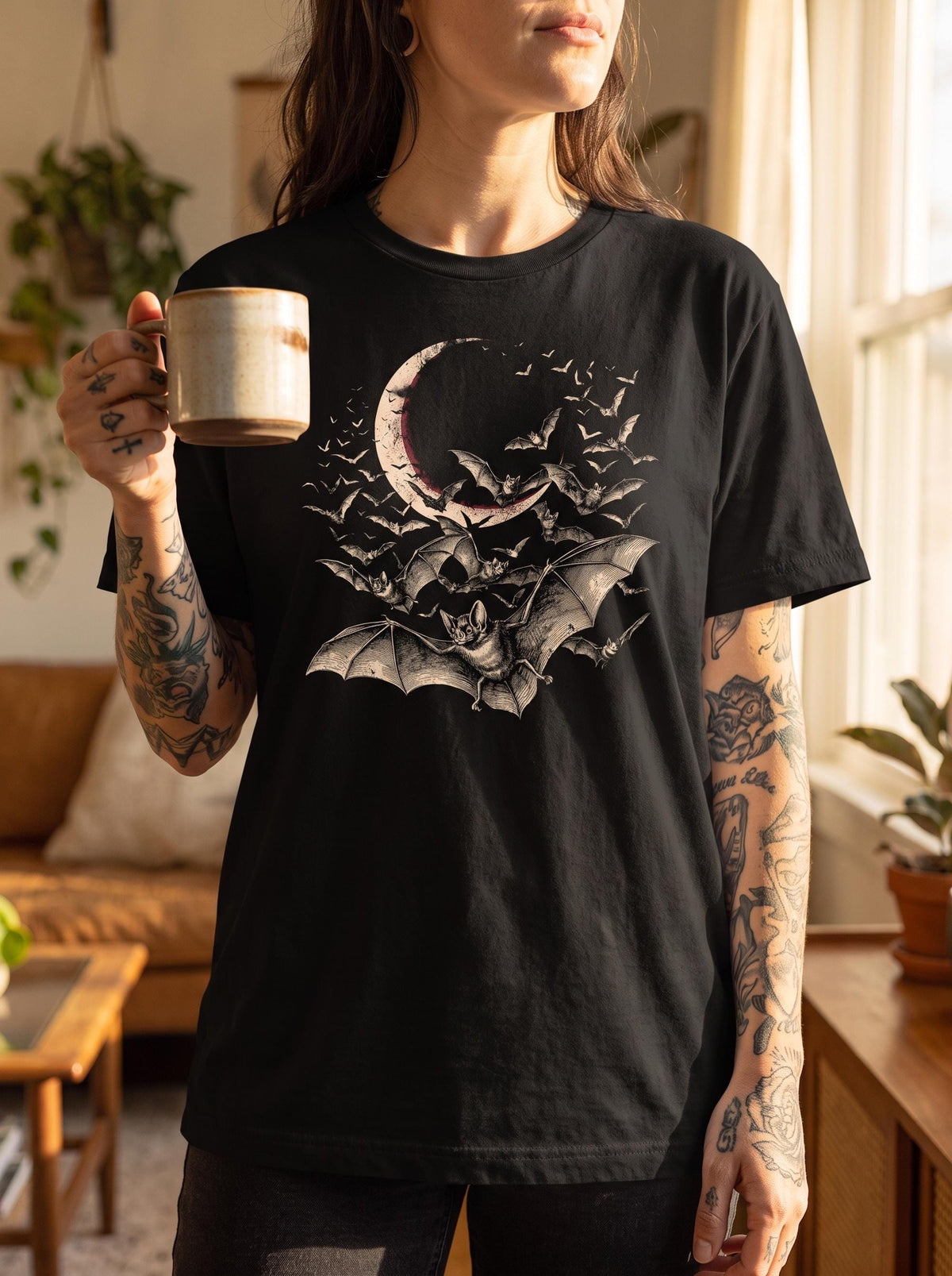 Bat Swarm Tee, Gothic Crescent Moon Shirt, Vintage Bats Goth Clothing, Dark Academia Halloween Shirt, Witchy Vampire Bat Engraving