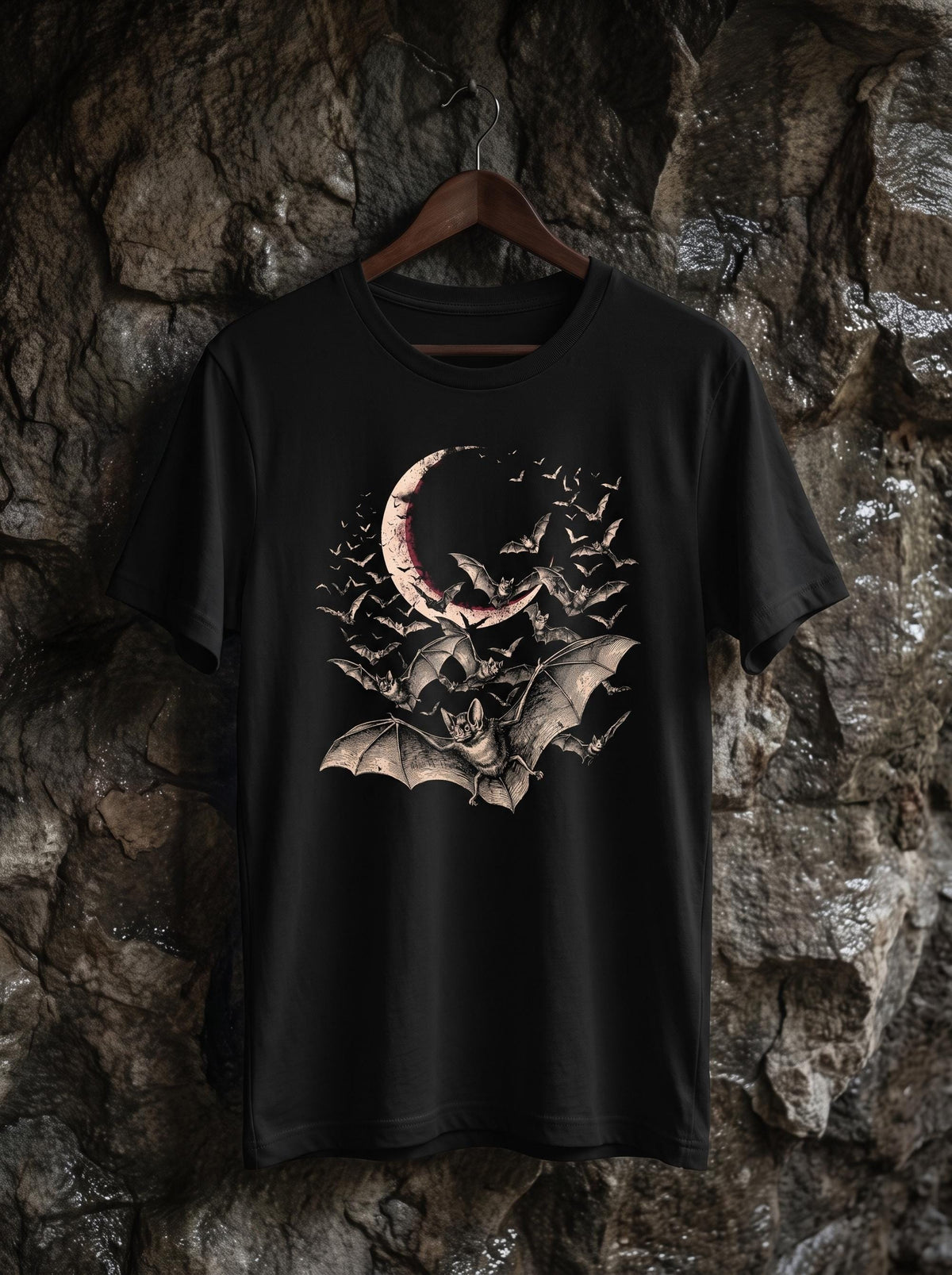 Bat Swarm Tee, Gothic Crescent Moon Shirt, Vintage Bats Goth Clothing, Dark Academia Halloween Shirt, Witchy Vampire Bat Engraving