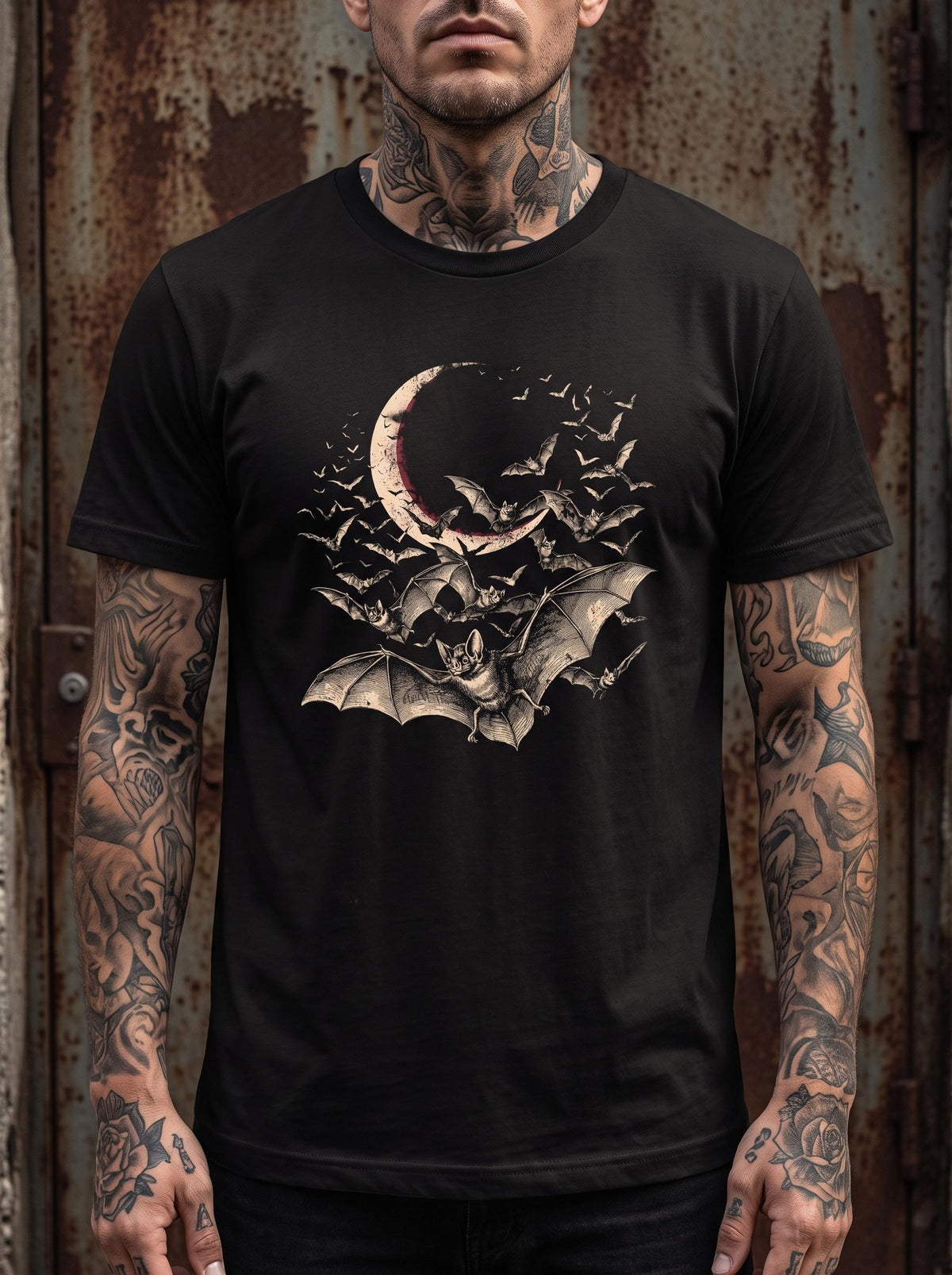 Bat Swarm Tee, Gothic Crescent Moon Shirt, Vintage Bats Goth Clothing, Dark Academia Halloween Shirt, Witchy Vampire Bat Engraving