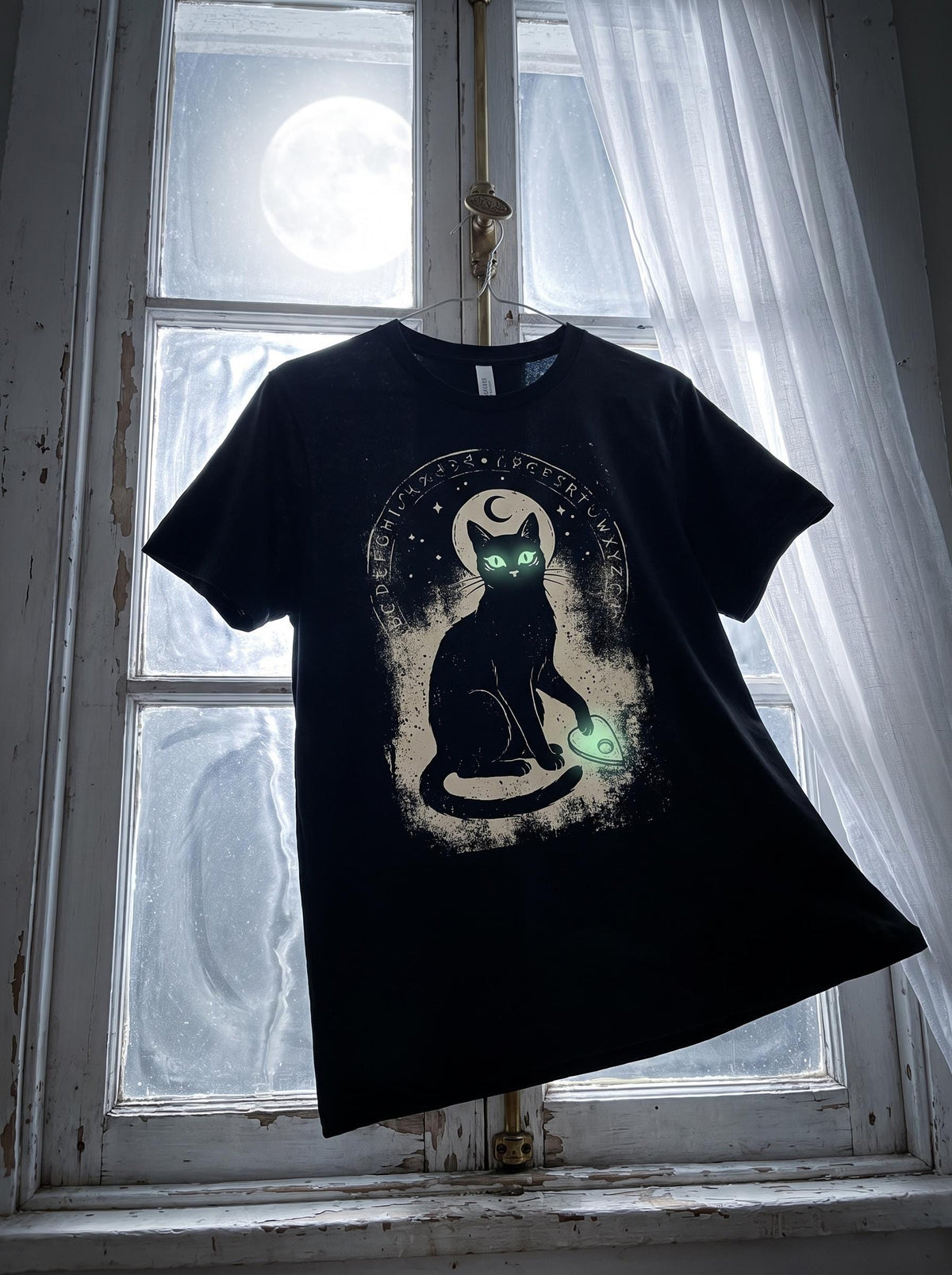 Black Cat Ouija Shirt, Witchy Spirit Board Tee, Occult Cat T-Shirt, Folk Magic Halloween Gift, Goth Witch Cat Shirt