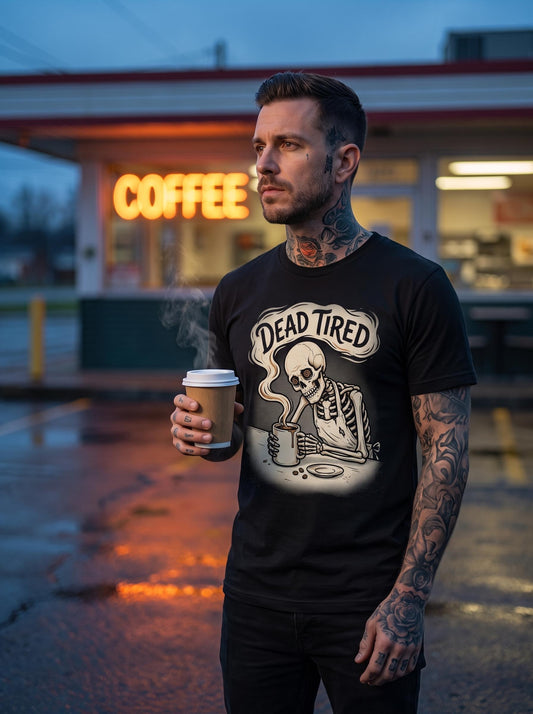 Dead Tired Shirt, Skeleton Coffee Tee, Funny Coffee T-Shirt, Gothic Caffeine Lover Gift, Dark Humor Coffee Shirt