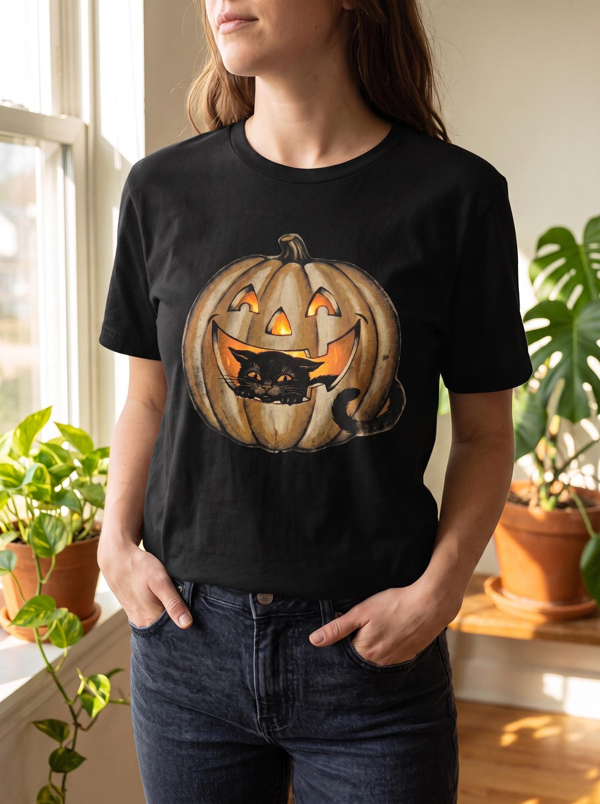Black Cat Jack O Lantern Shirt, Vintage Halloween Tee, Retro Spooky Cat Pumpkin T-Shirt, Cute Halloween Gift, Die Cut Cat
