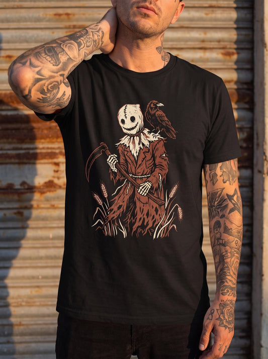 Scarecrow Reaper Shirt, Folk Horror Tee, Creepy Scarecrow Halloween T-Shirt, Woodcut Horror Gift, Gothic Harvest Reaper
