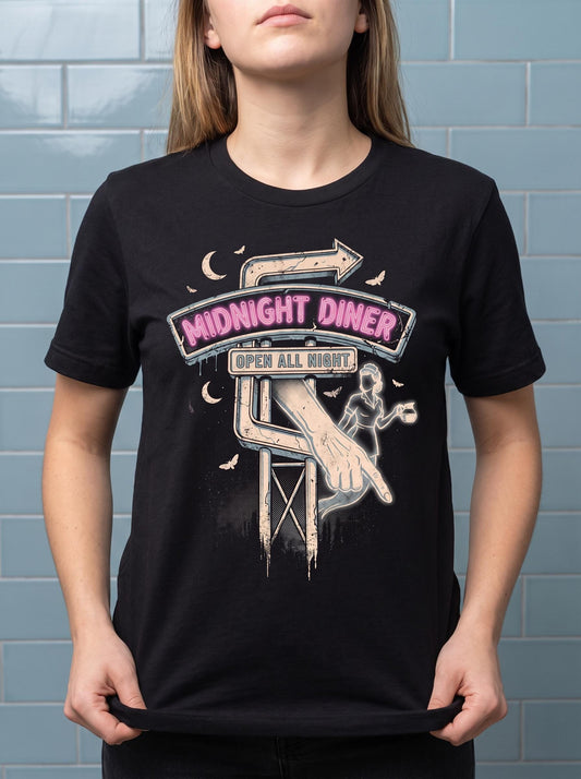 Midnight Diner Shirt, Haunted Neon Sign Tee, Spooky Roadside Diner T-Shirt, Retro Horror Diner Gift, Open All Night Goth Shirt