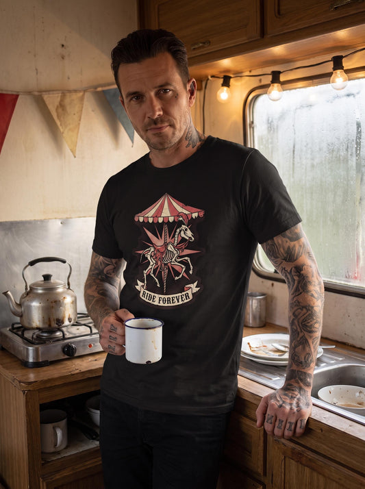 Skeleton Carousel Horse Shirt, Creepy Carnival Tee, Gothic Merry Go Round T-Shirt, Dark Circus Gift, Haunted Fairground Shirt