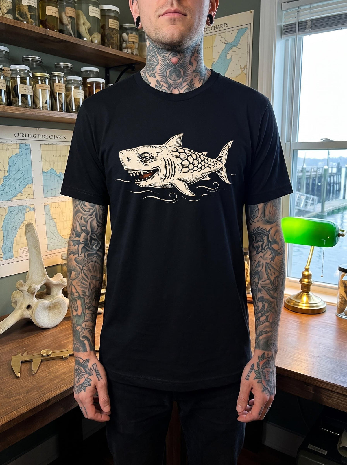 Medieval Shark Shirt, Sea Dogge Bestiary Tee, Weird Medieval Art T-Shirt, Funny Marginalia Gift, Dark Academia Shark Shirt