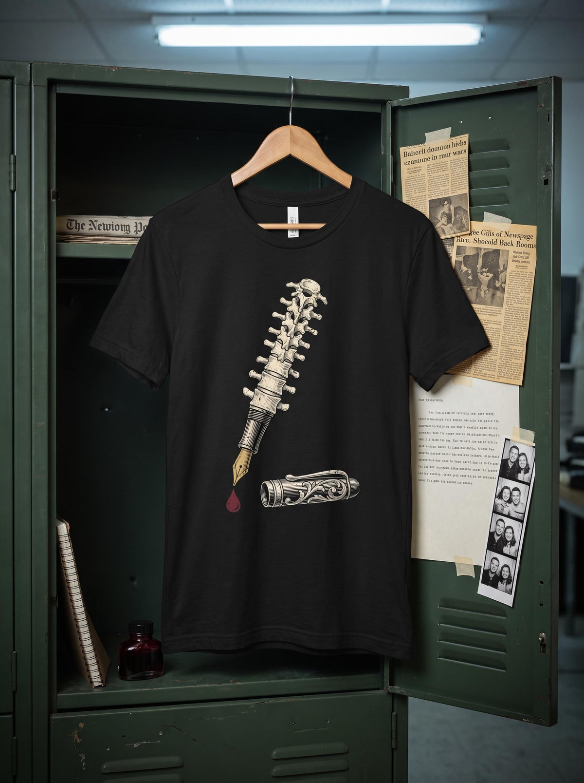 Fountain Pen Shirt, Writer Backbone Spine Tee, Dark Academia Author T-Shirt, Gothic Writer Gift, Macabre Literary Shirt