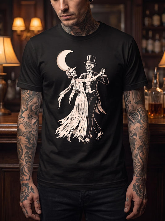 Skeleton Couple Dancing Tee, Gothic Ballroom Waltz Shirt, Day of the Dead Skeletons, Til Death Do Us Part Goth Clothing
