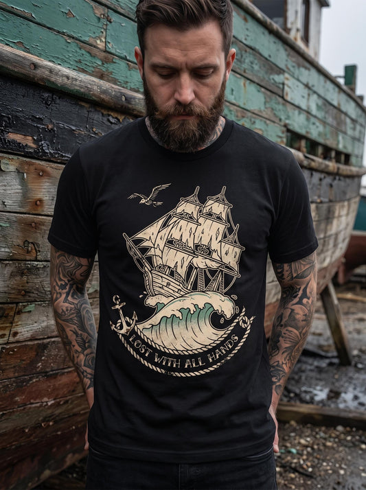 Lost With All Hands Tee, Ghost Ship Tattoo Flash Shirt, Nautical Shipwreck Tee, American Traditional Sailor Shirt, Dark Ocean Anchor Tee