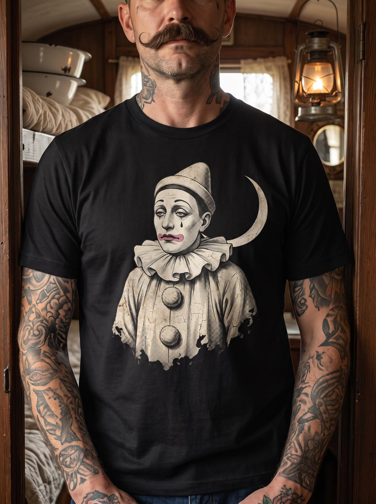 Pierrot Shirt, Sad Clown Moon Tee, Gothic Harlequin T-Shirt, Dark Academia Circus Gift, Vintage Melancholy Clown Shirt