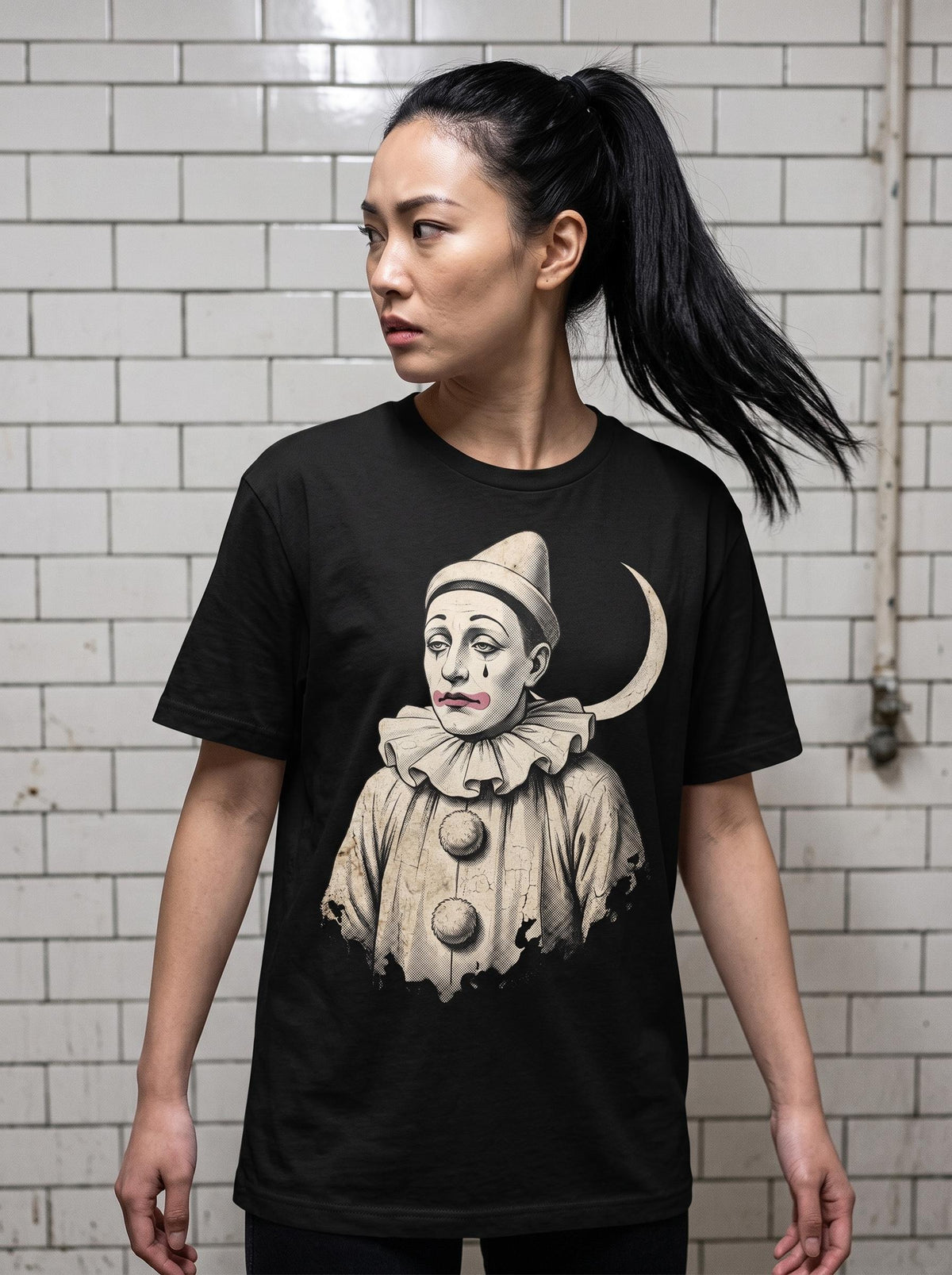 Pierrot Shirt, Sad Clown Moon Tee, Gothic Harlequin T-Shirt, Dark Academia Circus Gift, Vintage Melancholy Clown Shirt