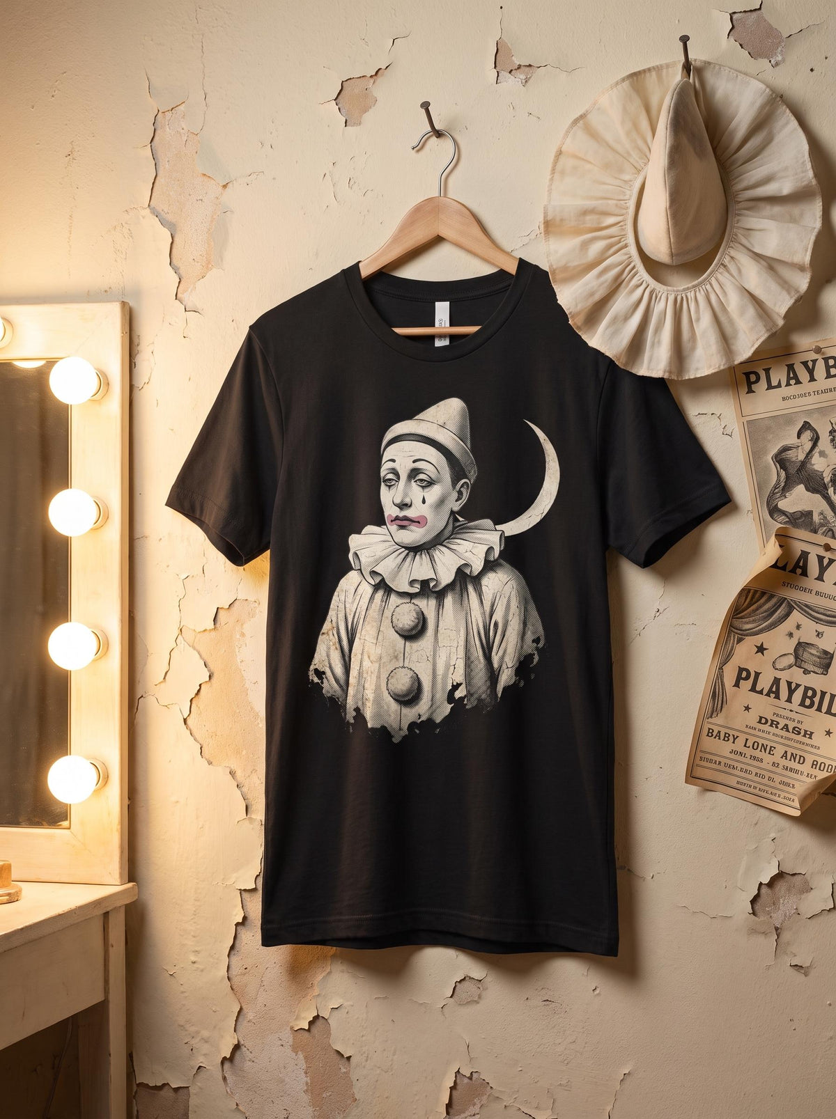 Pierrot Shirt, Sad Clown Moon Tee, Gothic Harlequin T-Shirt, Dark Academia Circus Gift, Vintage Melancholy Clown Shirt