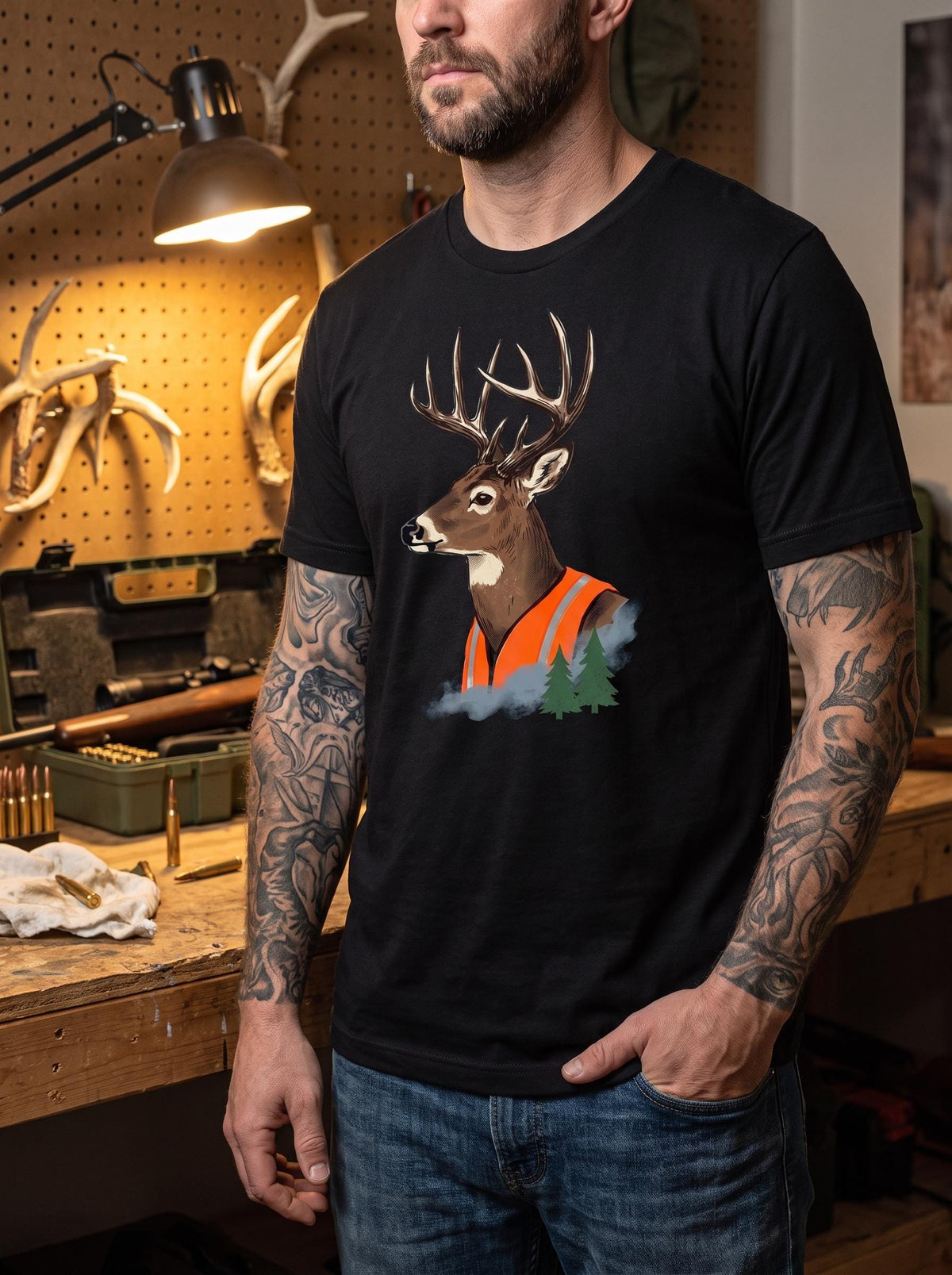 Blaze Orange Deer Shirt, Buck In Hunter Vest Tee, Dark Humor Outdoor T-Shirt, Deer Hunter Dad Gift, Funny Deer Hunting Shirt