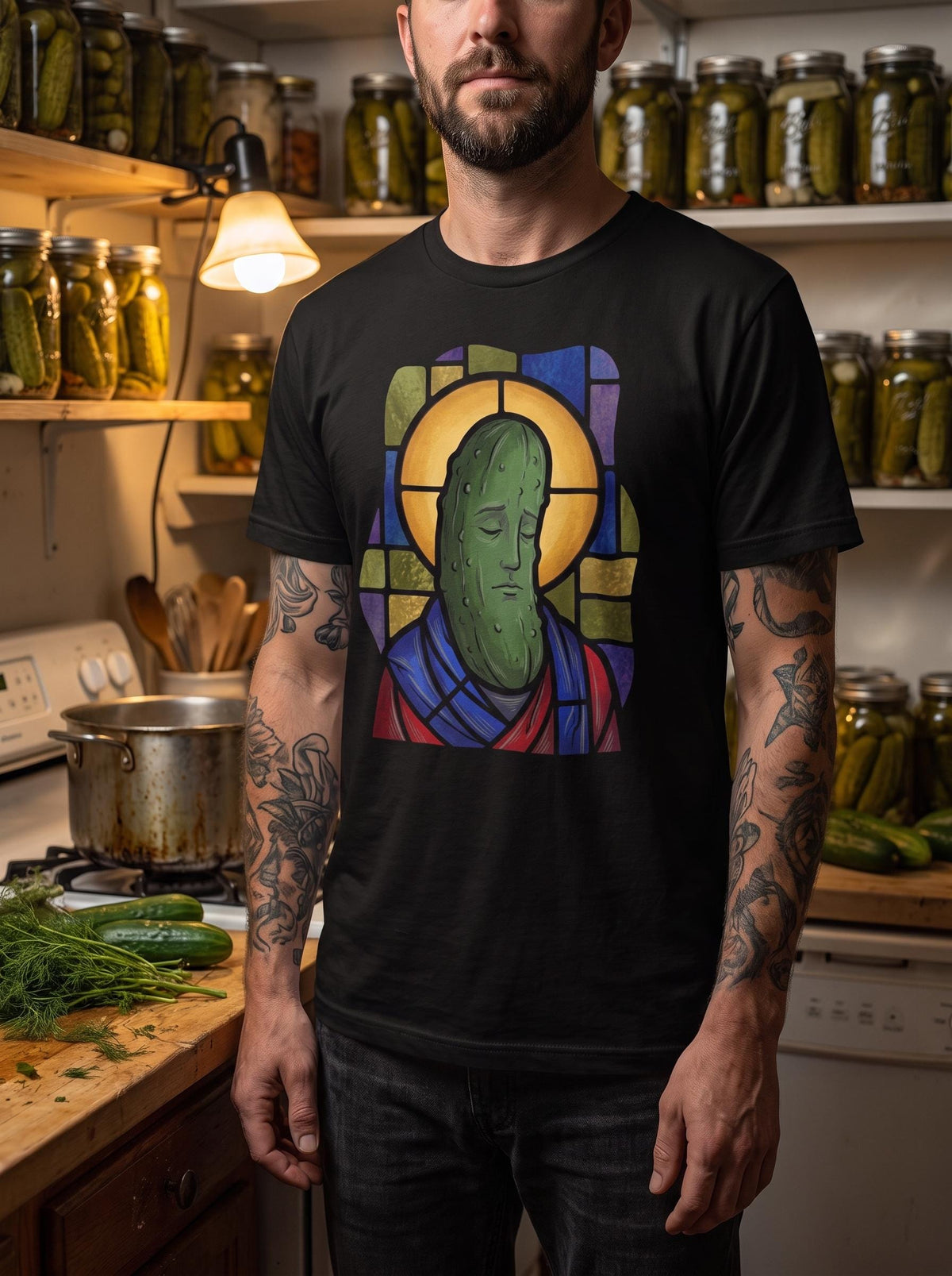Saint Pickle Shirt, Patron Saint of Pickles Tee, Stained Glass Saint T-Shirt, Funny Pickle Lover Gift, Holy Dill Pickle Shirt