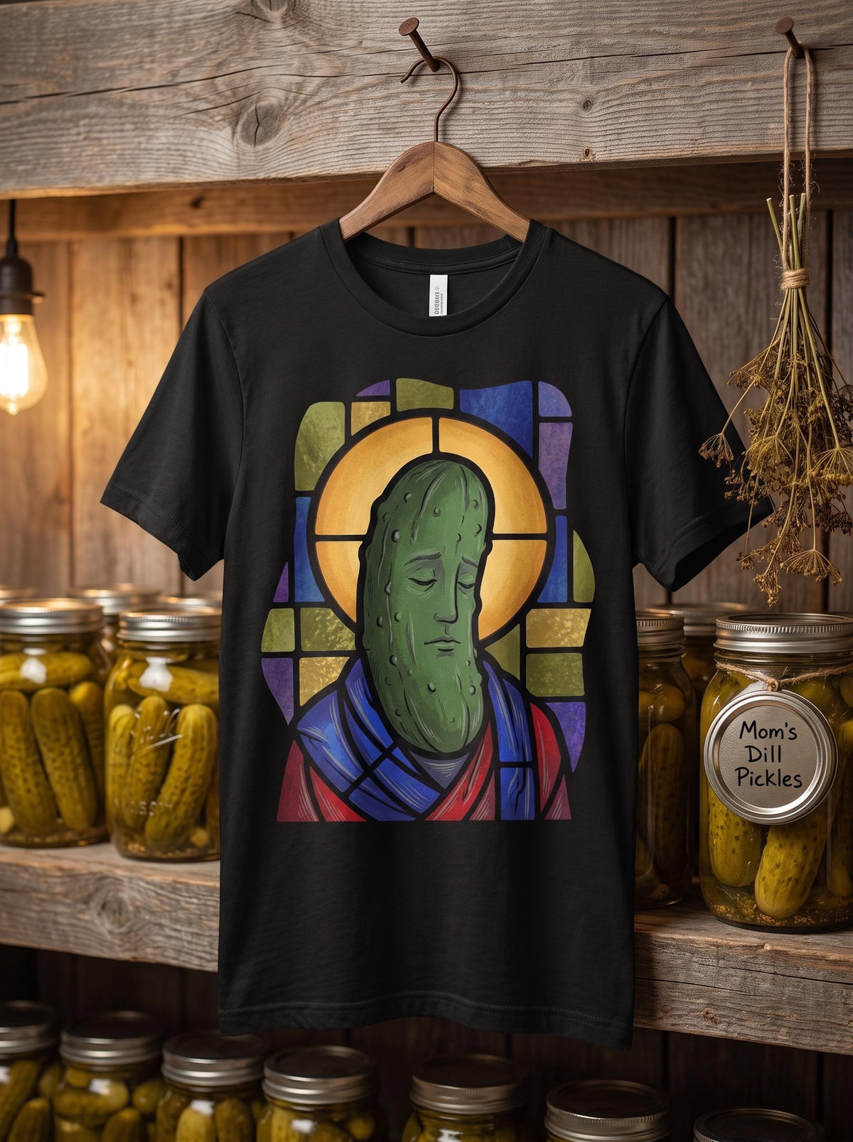 Saint Pickle Shirt, Patron Saint of Pickles Tee, Stained Glass Saint T-Shirt, Funny Pickle Lover Gift, Holy Dill Pickle Shirt